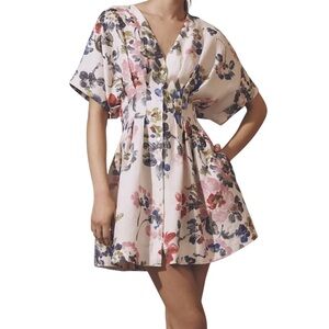 Exquise Amelie Linen Mini Dress Size XS Pink Floral Pintuck Pockets Button Front